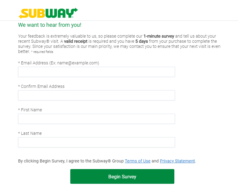 subway survey homepage